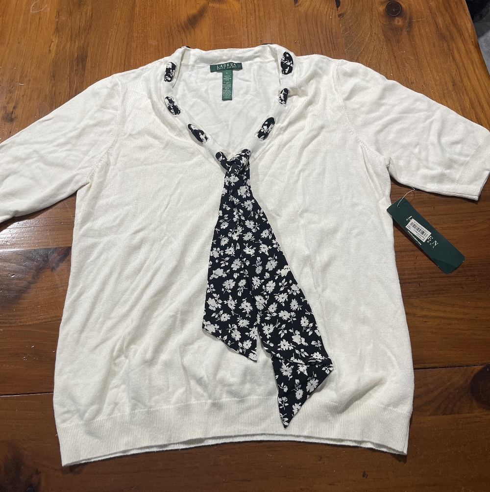 NWT Lauren Ralph Lauren Vintage White Black Silk Blend‎ V Neck Scarf Sweater LG